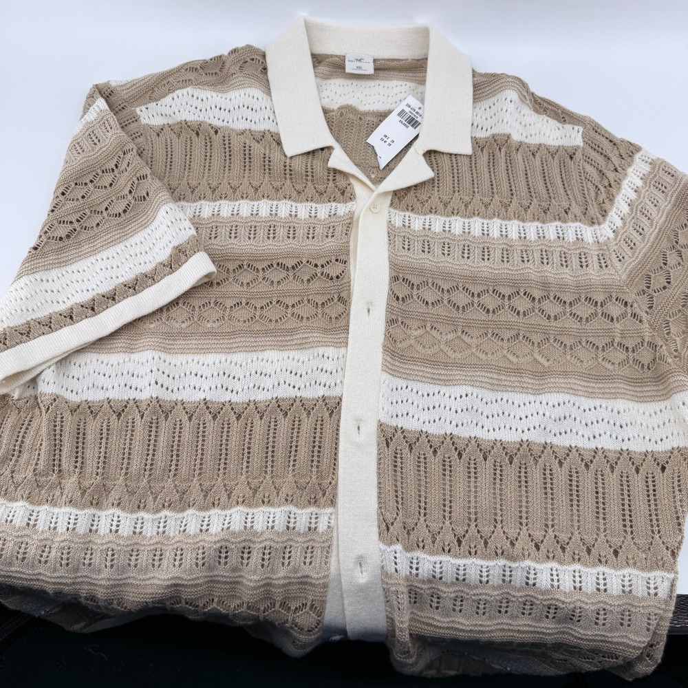 Hollister Crochet Pointelle Knit Button Up Shirt Mens XXL Tan Cream Striped NEW‎